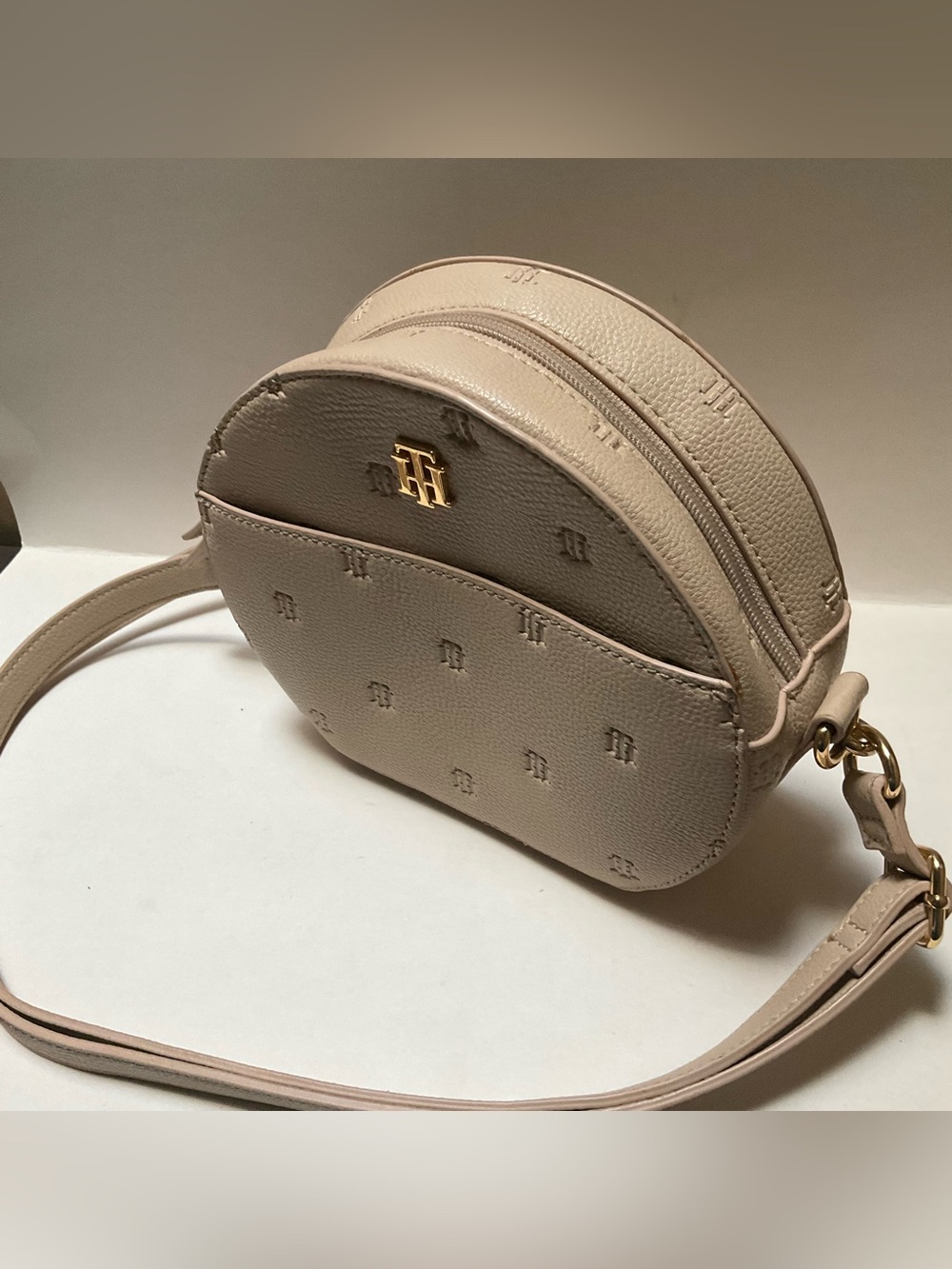 Tommy Hilfiger Tan/Cream Round Crossbody Shoulder Bag debossed monogram pattern